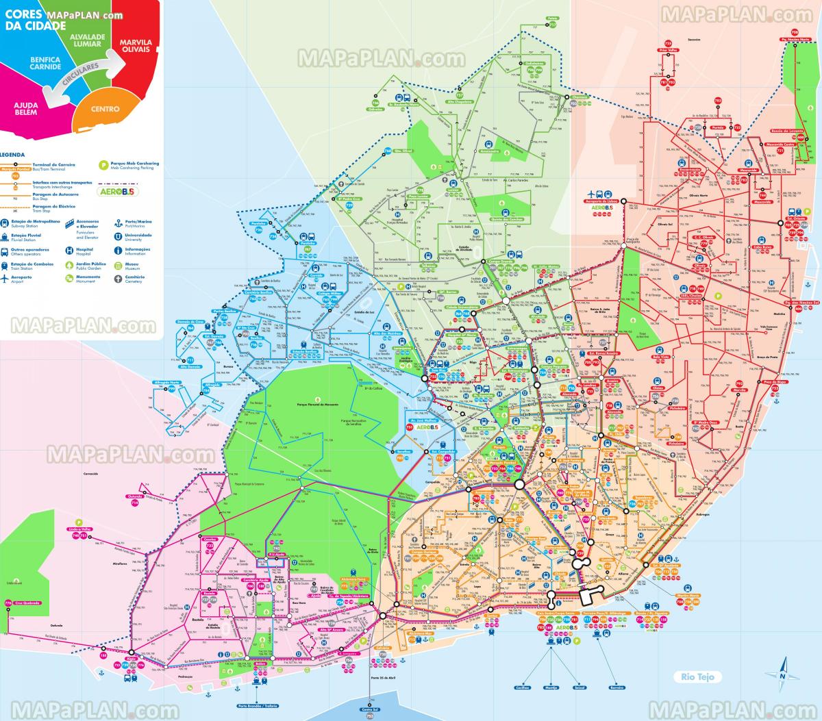 Lizbona linie autobusowe na mapie
