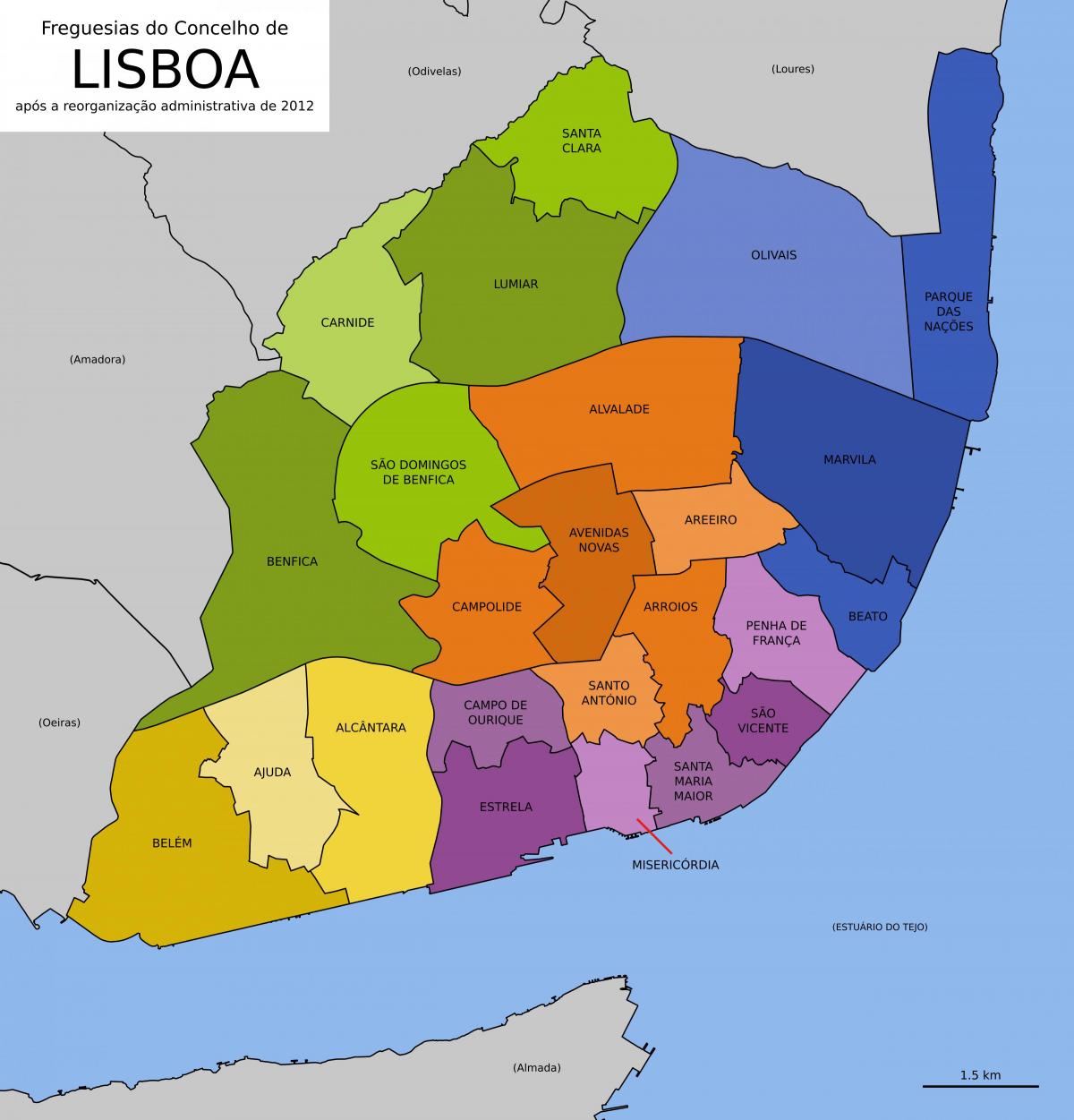 mapa Lizbony, pokazując dzielnic