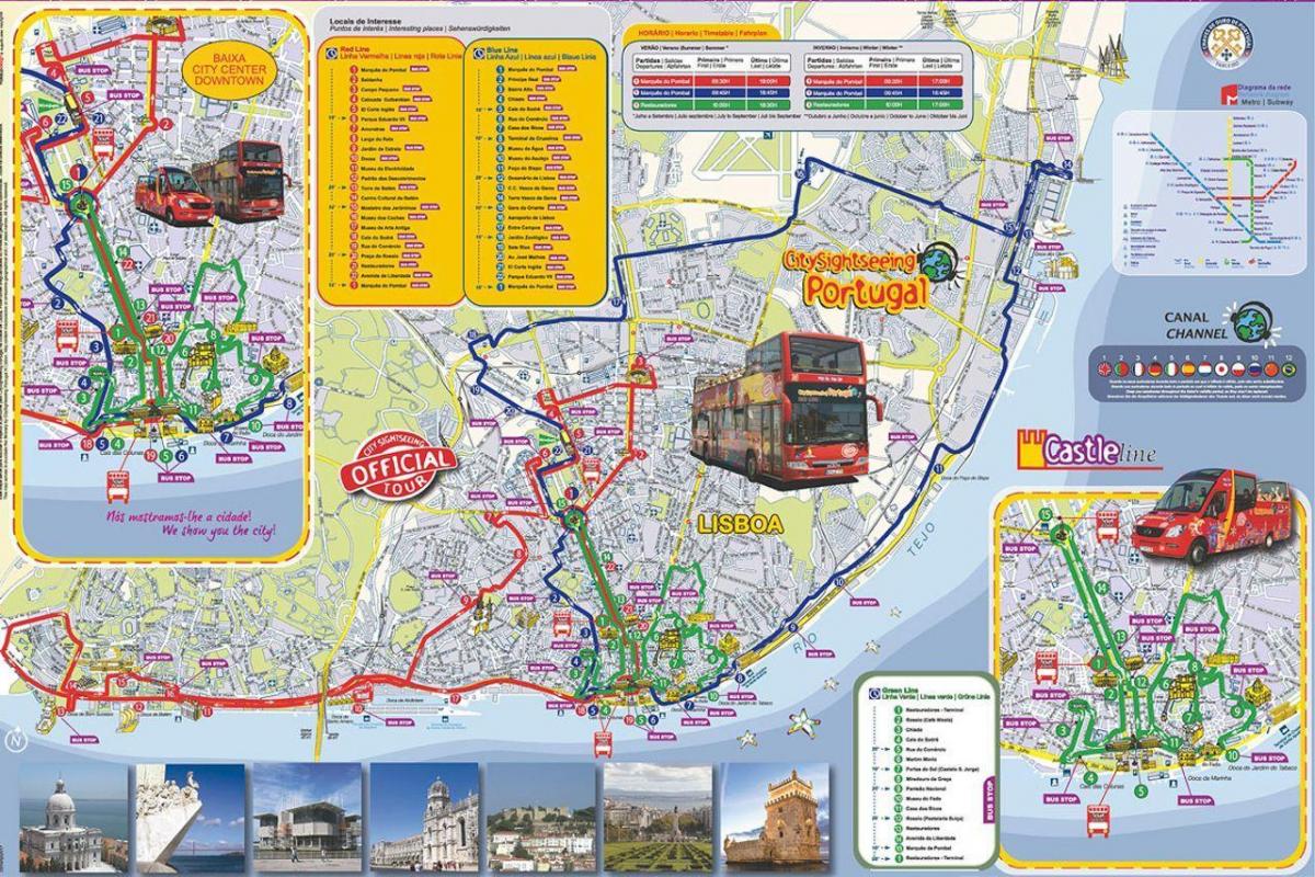 Lizbona-hop-hop-off bus trasa na mapie