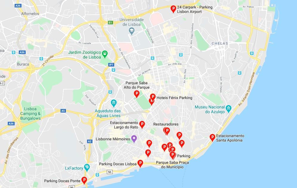 mapa Lizbony, parking