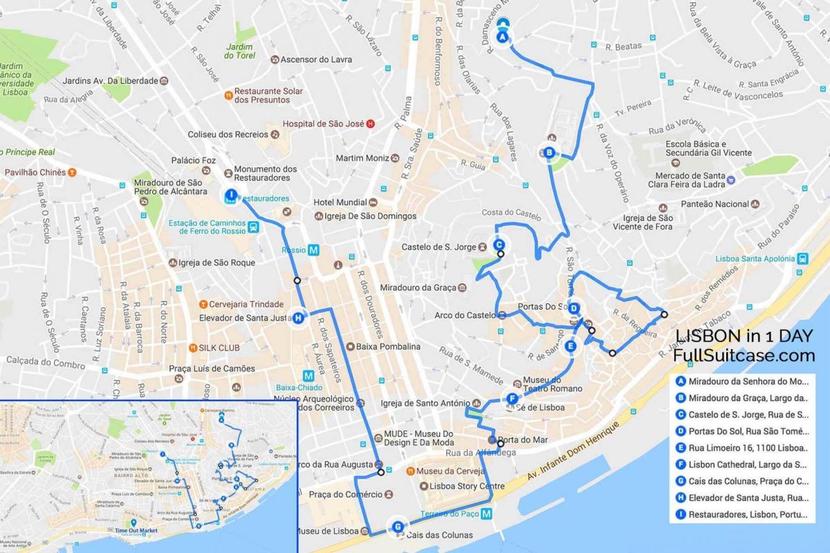 piesza wycieczka po Лиссабону mapie