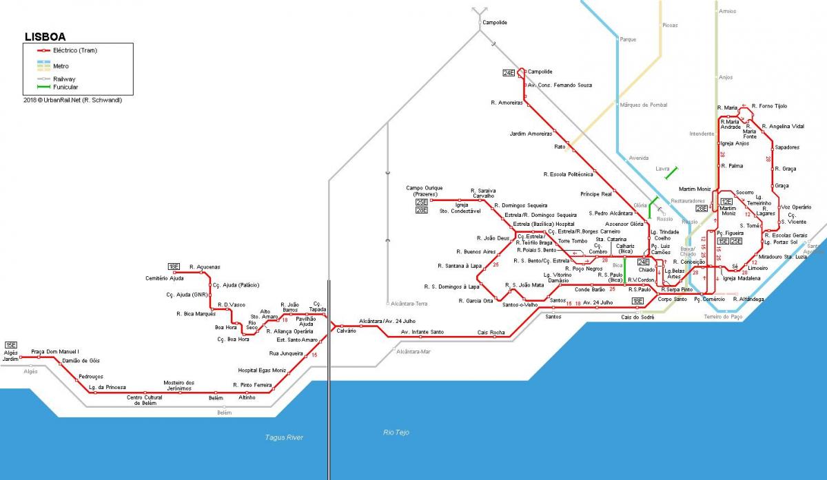 lizboński tramwaj mapie